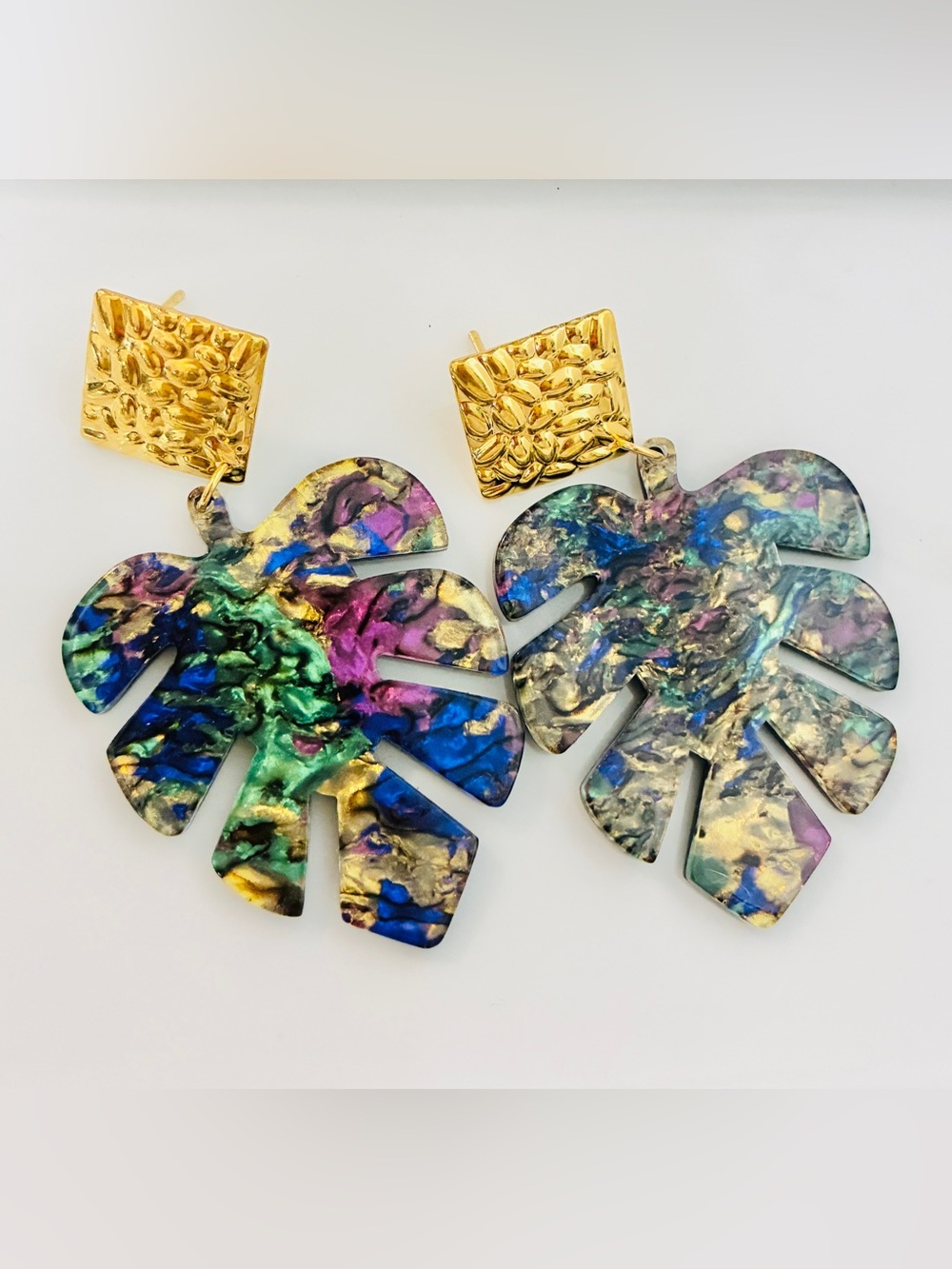 Monstera acrylic screw back earrings, mid century modern style